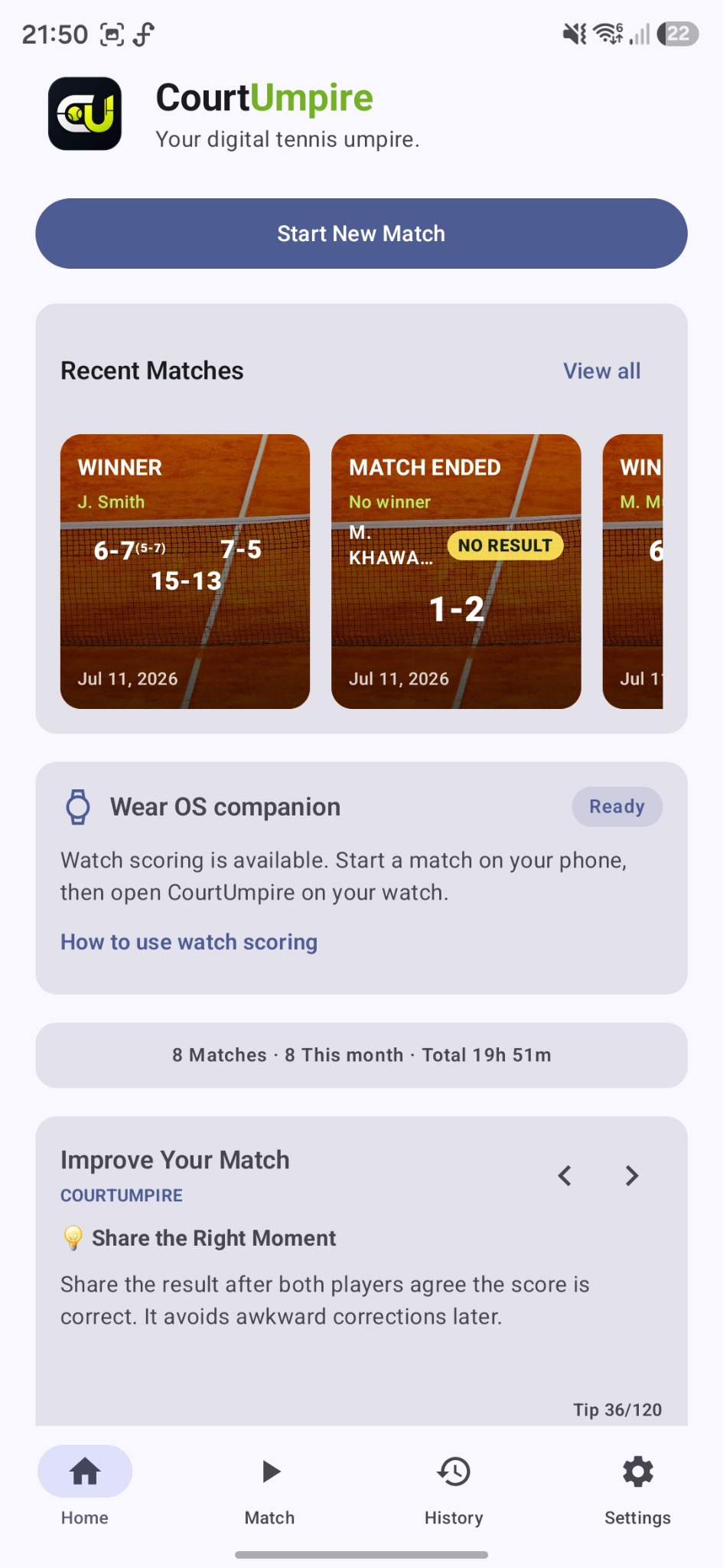 CourtUmpire Home screen showing recent tennis matches, Wear OS status, match statistics and a tennis tip