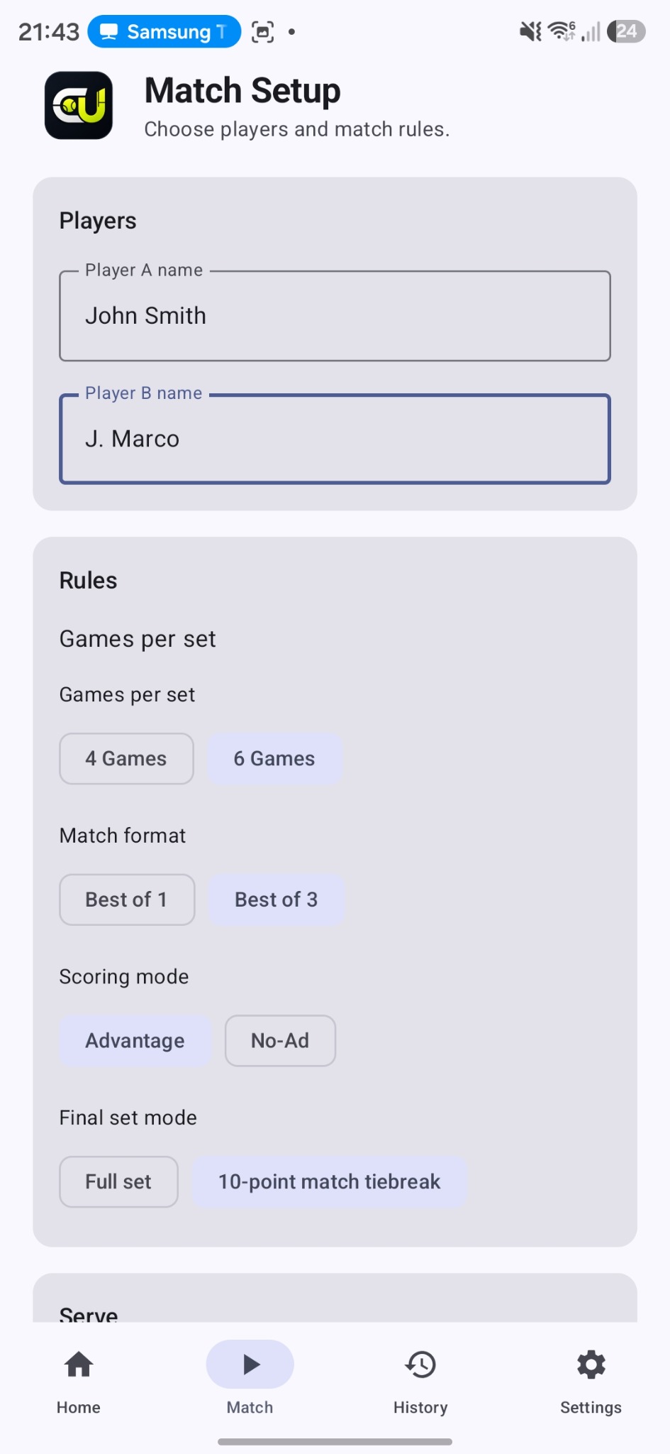 CourtUmpire Match Setup screen with player names and tennis scoring rule options