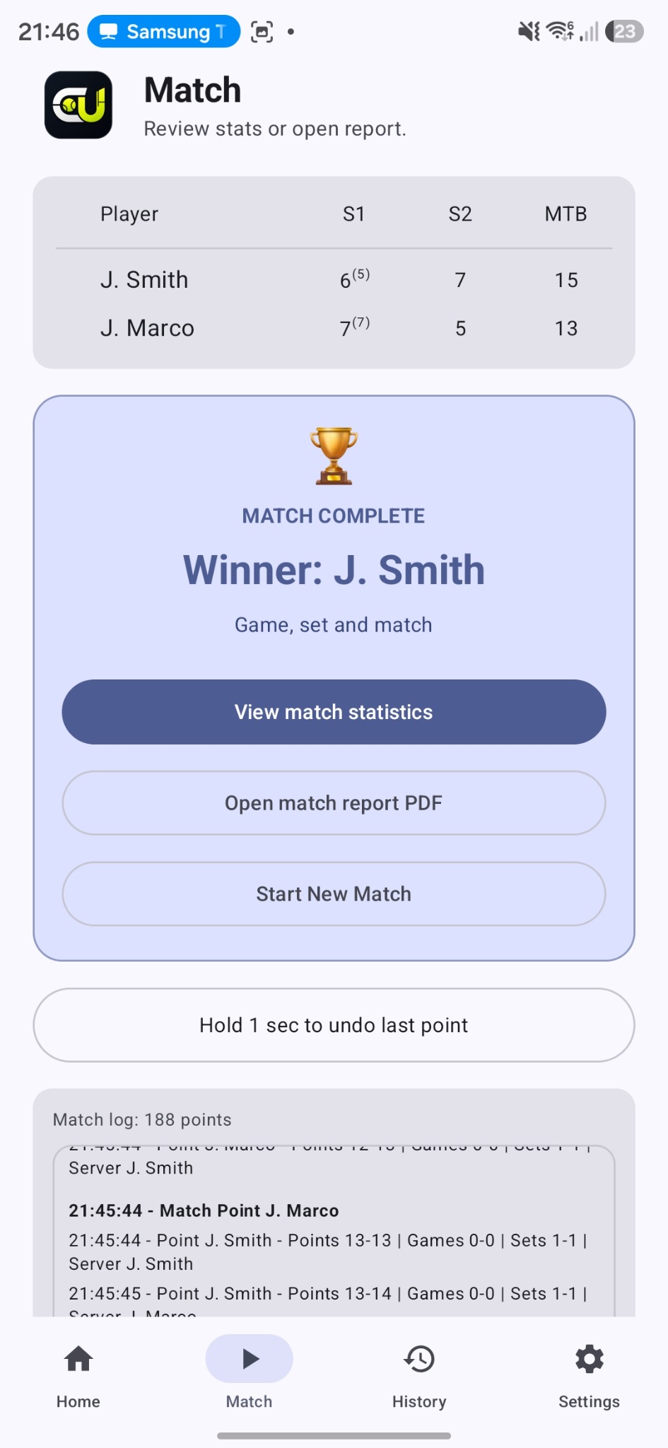 CourtUmpire completed match screen showing winner and report actions