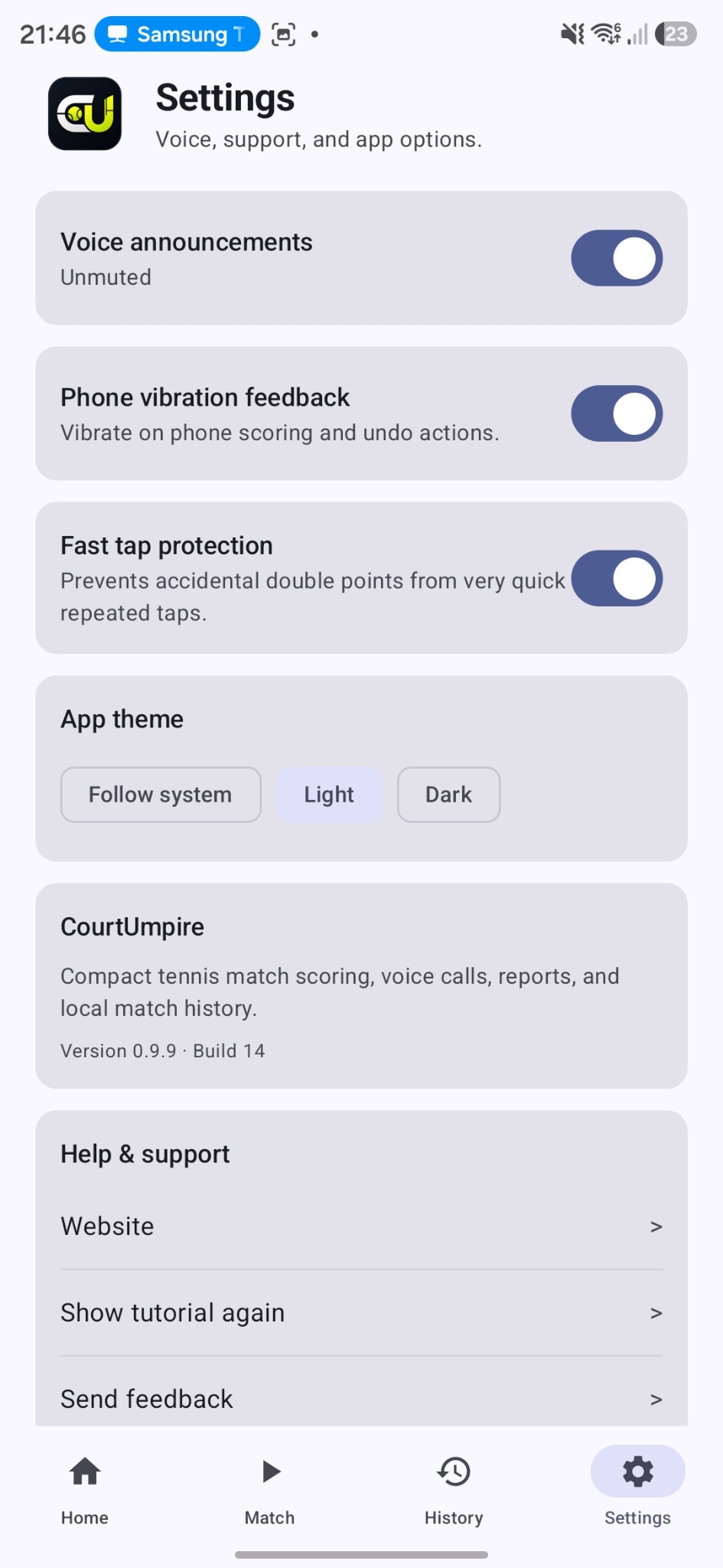 CourtUmpire Settings screen with voice, vibration, fast-tap protection and theme controls