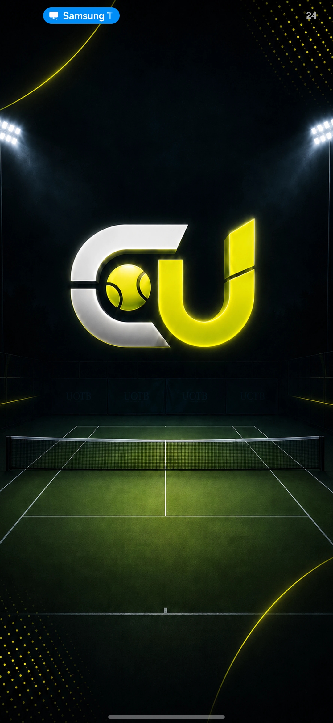 CourtUmpire splash screen showing the illuminated CU logo above a dark tennis court
