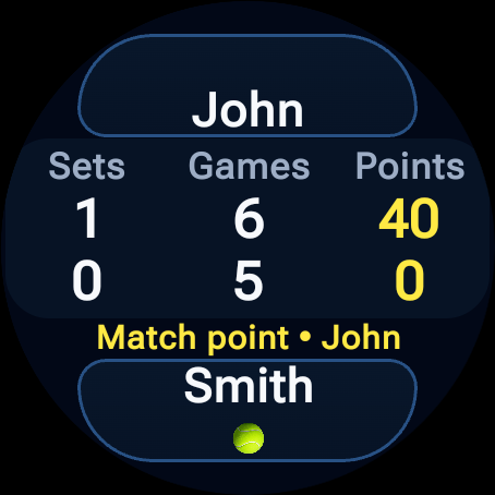 CourtUmpire Wear OS tennis scoring screen showing player names, score and match point
